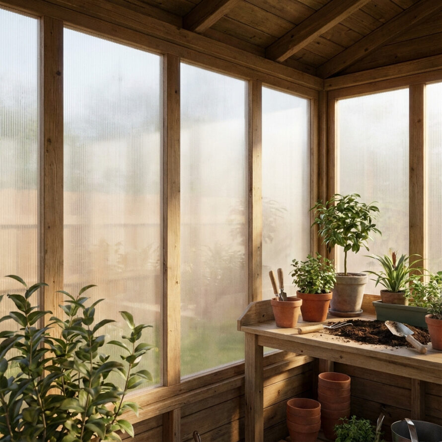 Tuinkamer met houten frame en lichtdoorlatende kunststof panelen, ingericht met planten en een werktafel.