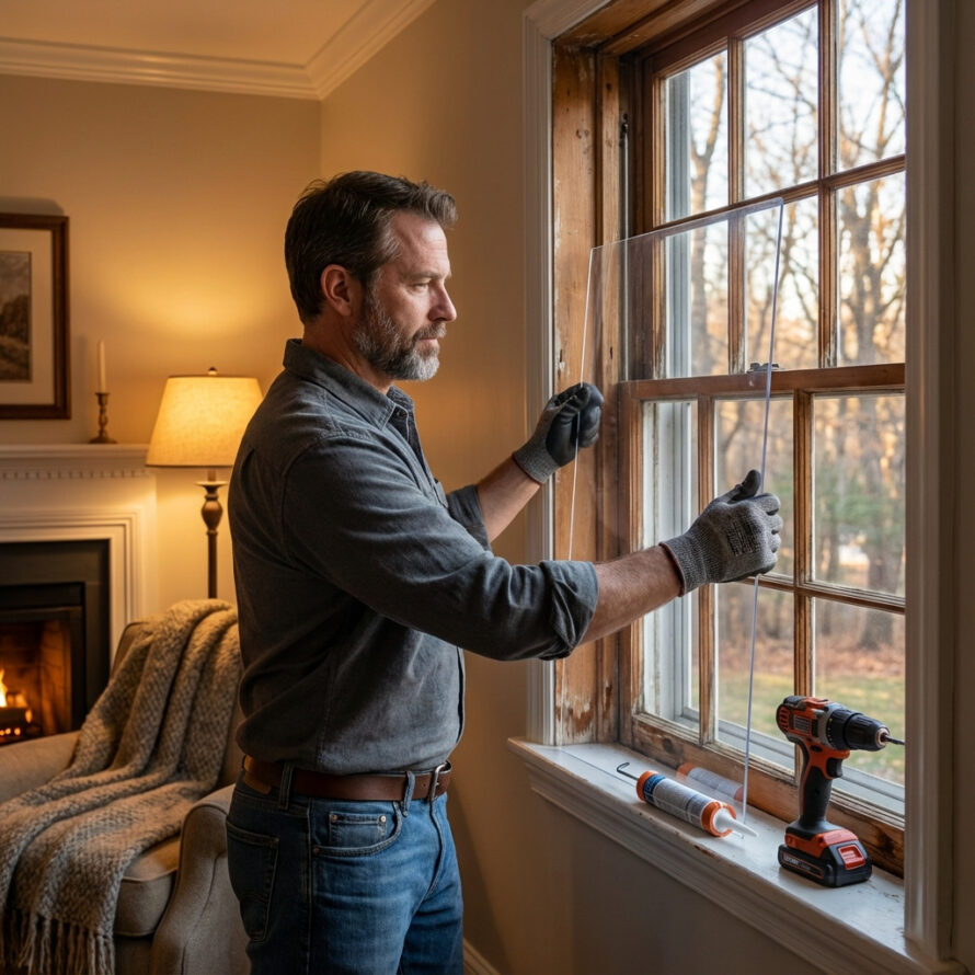 Man monteert een transparante kunststof voorzetruit aan de binnenzijde van een houten raam met gereedschap op de vensterbank.