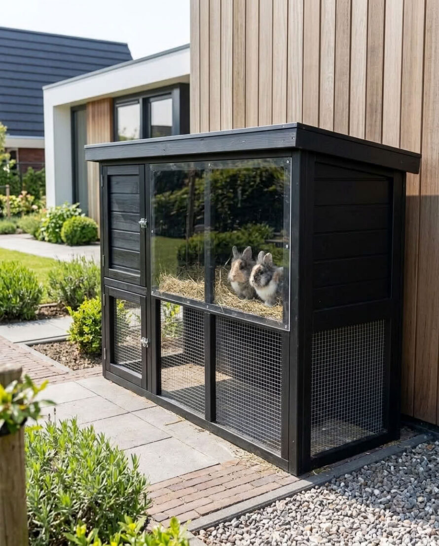 Konijnenhok buiten windscherm plexiglas