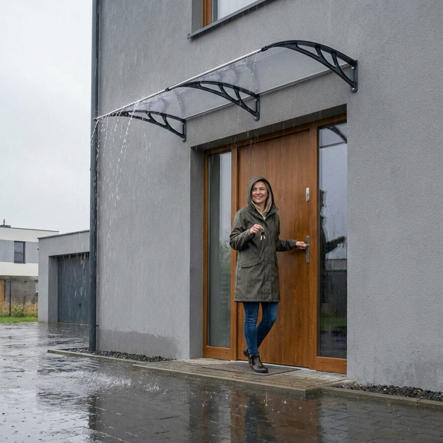Heldere polycarbonaat luifel beschermt voordeur tegen regen