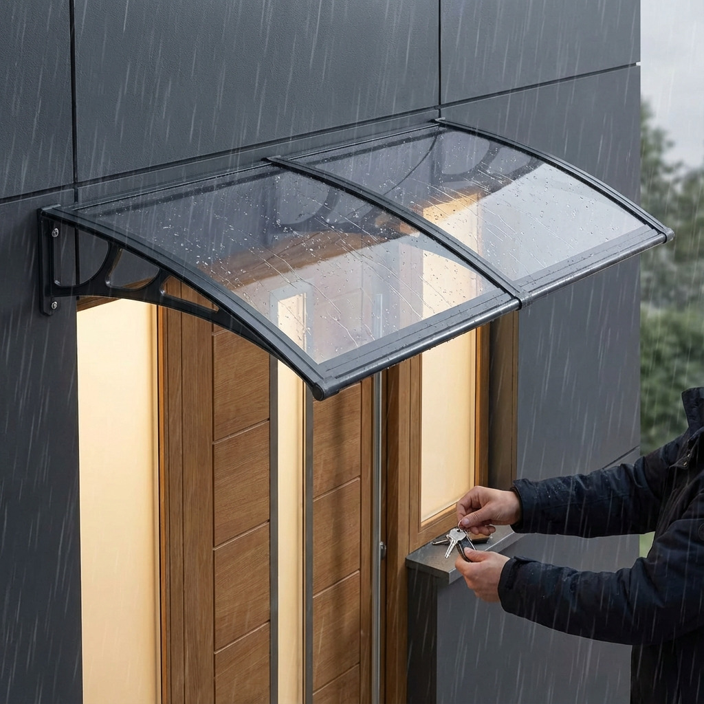 Minimalistische luifel van polycarbonaat bij voordeur