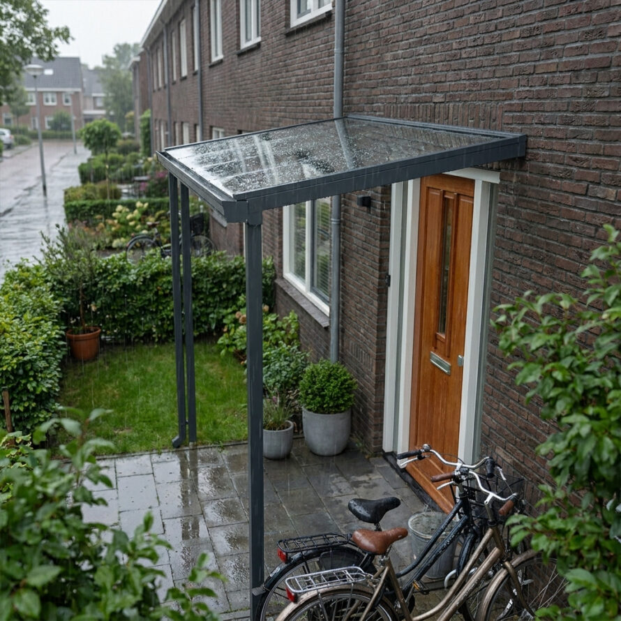 Vrijdragende aluminium deurluifel met helder glas boven een voordeur in een Nederlandse woonwijk.