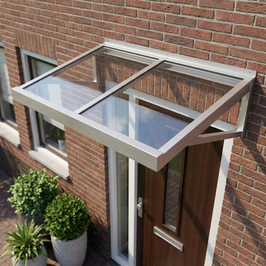 Transparante glazen deurluifel met aluminium constructie boven een houten voordeur, gefotografeerd van bovenaf.