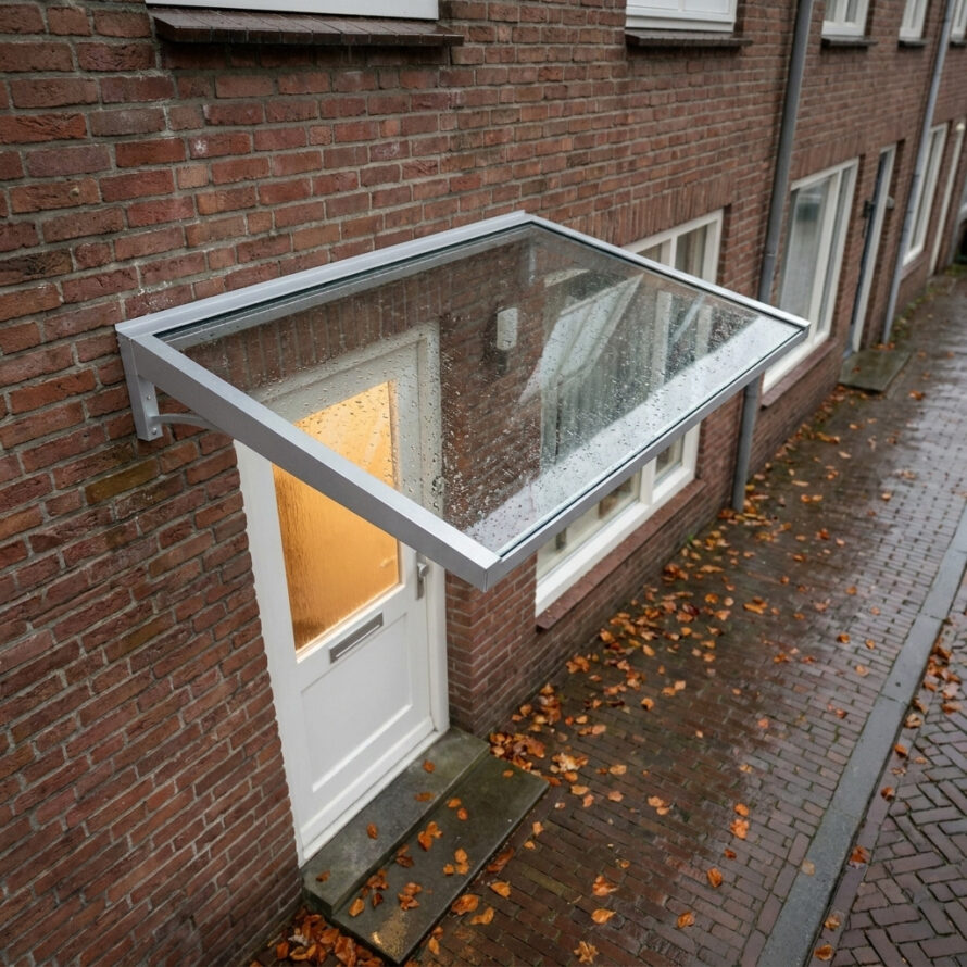 Moderne aluminium deurluifel met helder veiligheidsglas boven een houten voordeur van een Nederlandse woning.