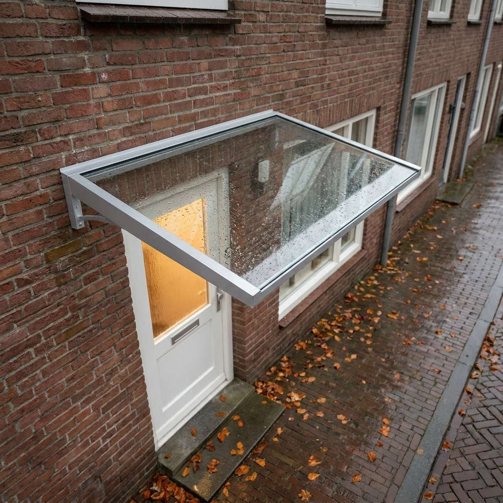 Moderne aluminium deurluifel met helder veiligheidsglas boven een houten voordeur van een Nederlandse woning.