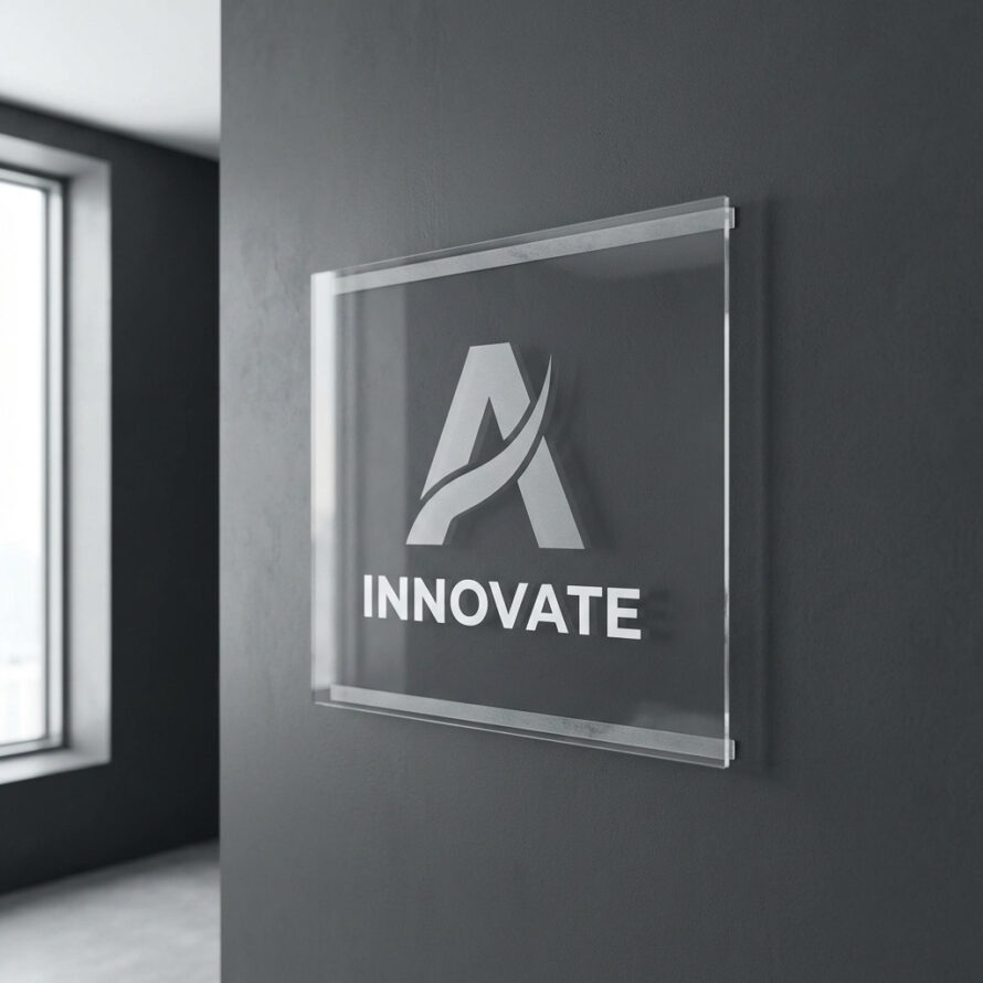 Donker interieur met plexiglas bord en logo, strak en zonder zichtbare montage bevestigd aan de muur.