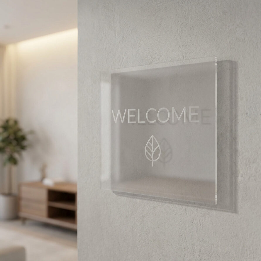 Vierkante plexiglas plaat met subtiele tekst, zonder boren opgehangen tegen een moderne wand.