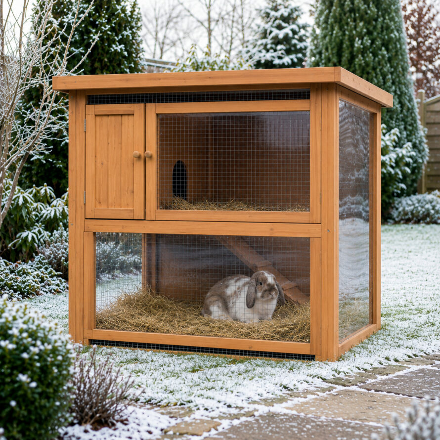 Houten konijnenhok met transparante plexiglasplaten voor het gaas en een konijn op stro in een besneeuwde wintertuin.