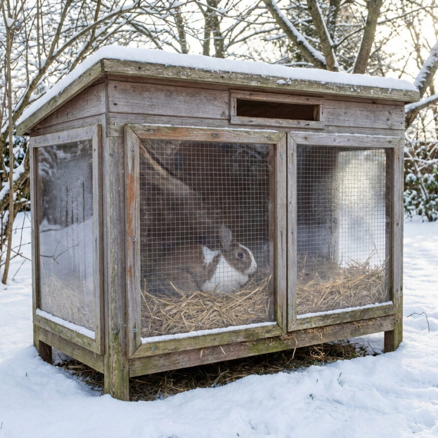 Verweerd houten konijnenhok met plexiglas voor het gaas, bevestigd met schroeven en voorzien van een ventilatieopening aan de bovenzijde.