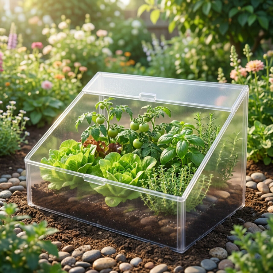 Zelfgemaakte kweekbak van helder polycarbonaat met schuin aflopend deksel voor optimale lichtinval en ventilatie.