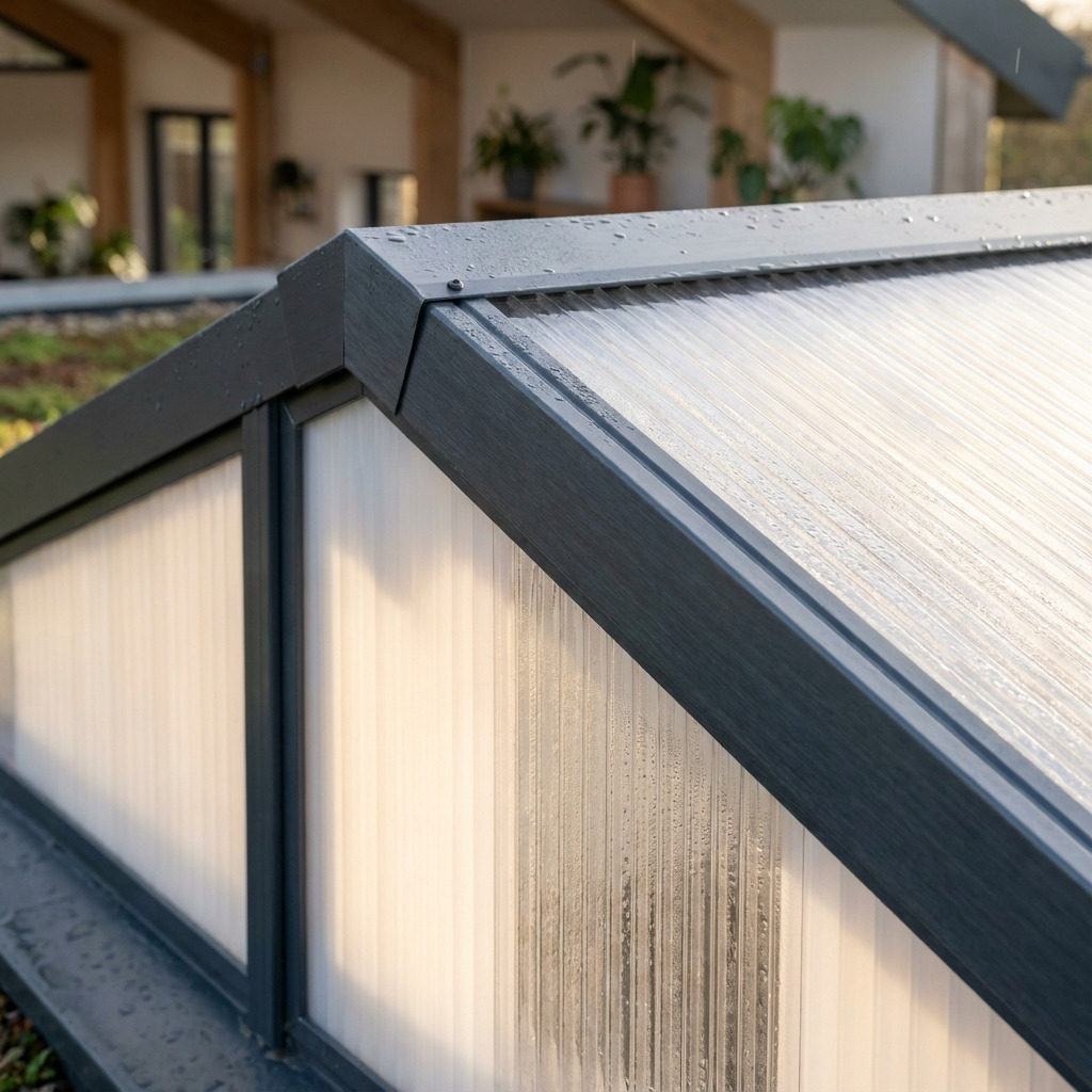 Polycarbonaat kanaalplaten in aluminium frame bij moderne overkapping.