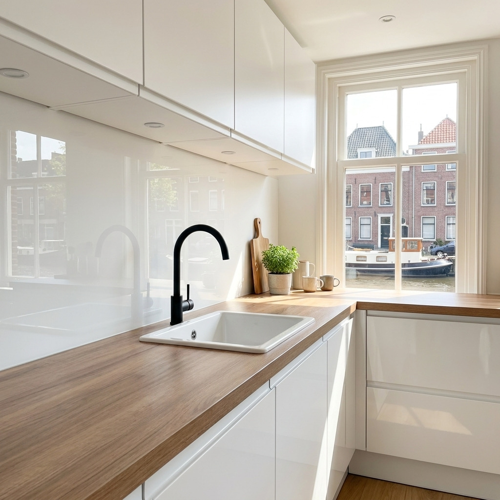 Moderne witte keuken met houten werkblad en transparante plexiglas achterwand voor een ruimtelijk effect.