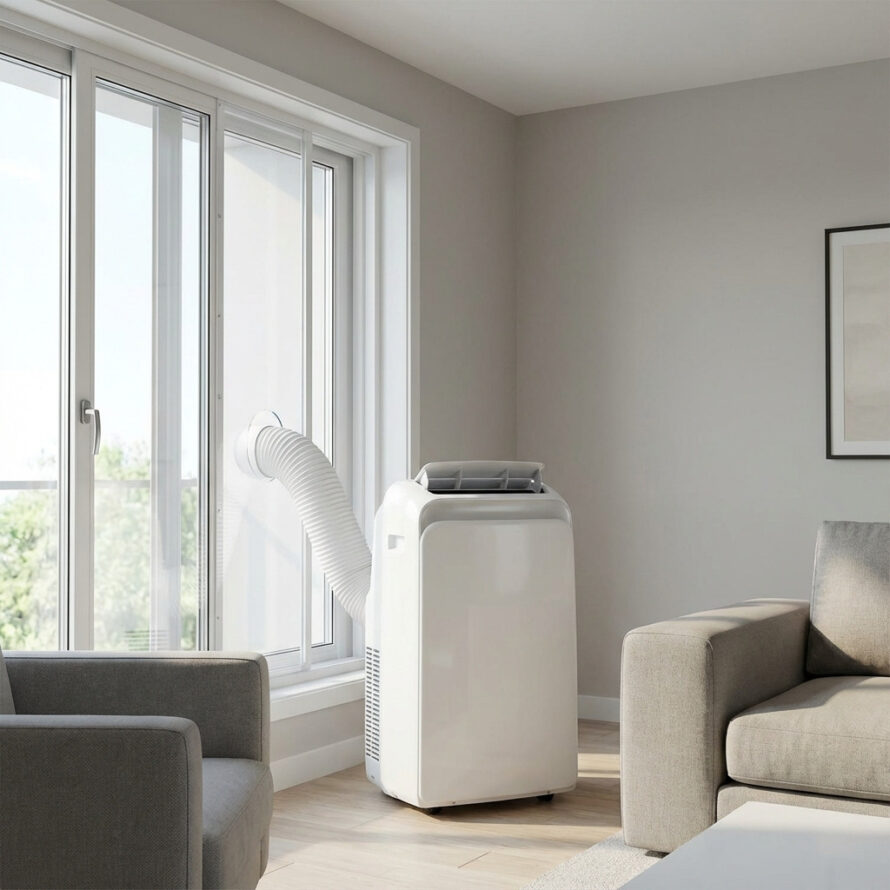 Mobiele airco aangesloten op schuifpui met op maat gemaakte plexiglas raamafdichting.