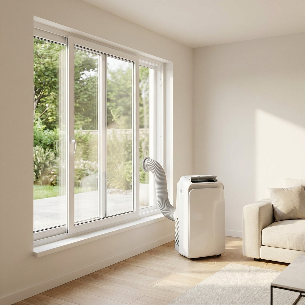 Mobiele airco in een lichte woonkamer met afvoerslang door een schuifraam, afgesloten met een heldere plexiglas raamafdichting voor optimale isolatie en behoud van daglicht.