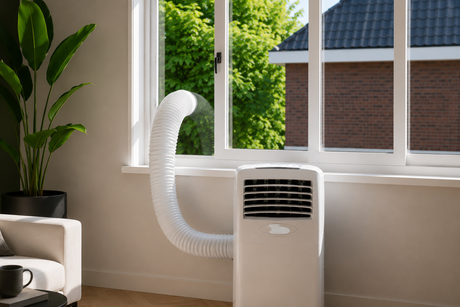 Mobiele airco met afvoerslang aangesloten op een open schuifraam met raamafdichting in een lichte woonkamer.
