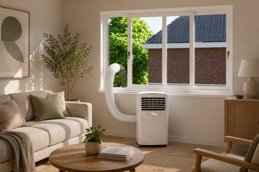 Mobiele airco met raamafdichting en afvoerslang in een sfeervolle woonkamer met veel daglicht.