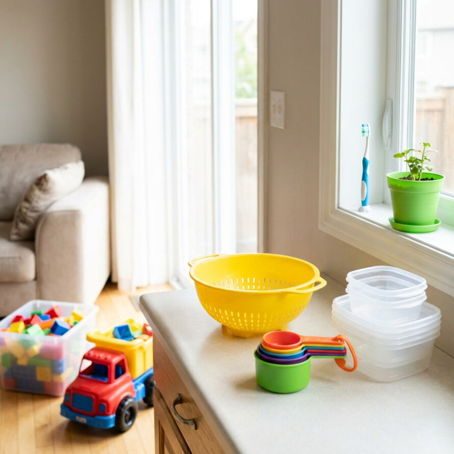Dagelijkse plastic producten zoals kommen en speelgoed in een lichte woonruimte.