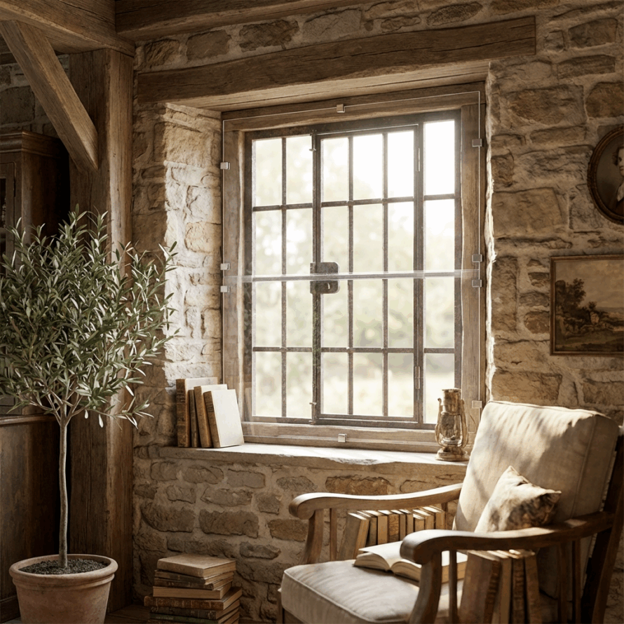 Plexiglas voorzetraam op gietijzeren stalraam in gerenoveerde boerderij