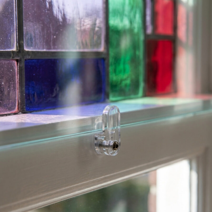 Macro-opname van een draaiclip die een transparant voorzetraam voor glas-in-lood op zijn plaats houdt.