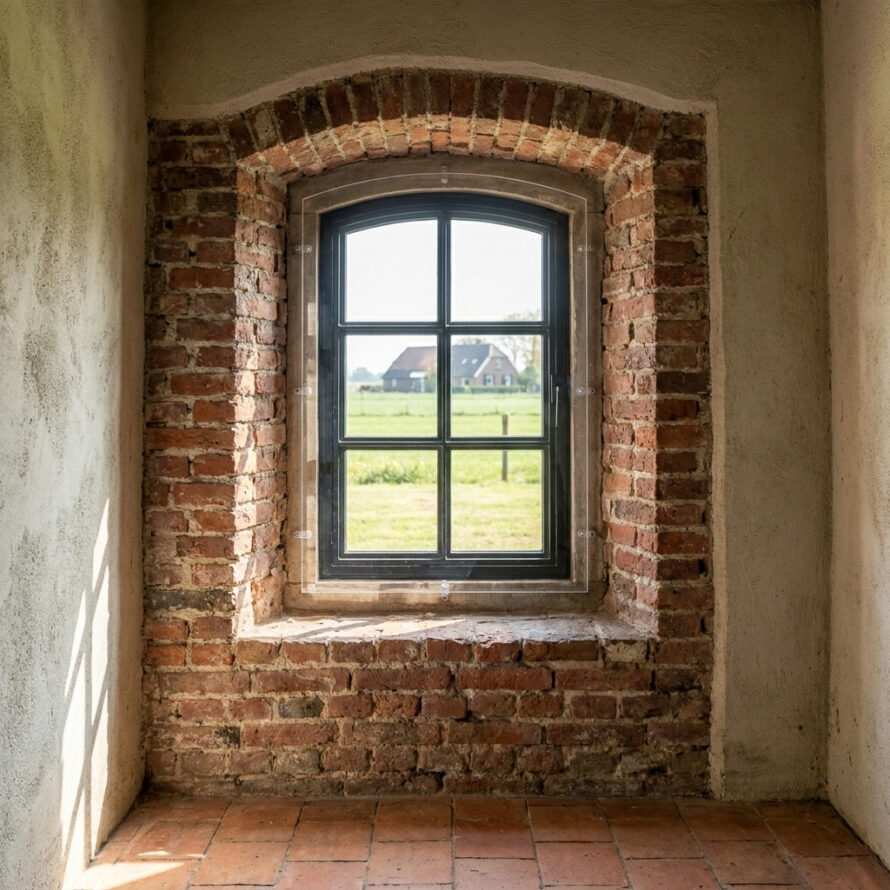Voorzetraam op een zwart stalen stalraam in een authentieke landelijke woning.