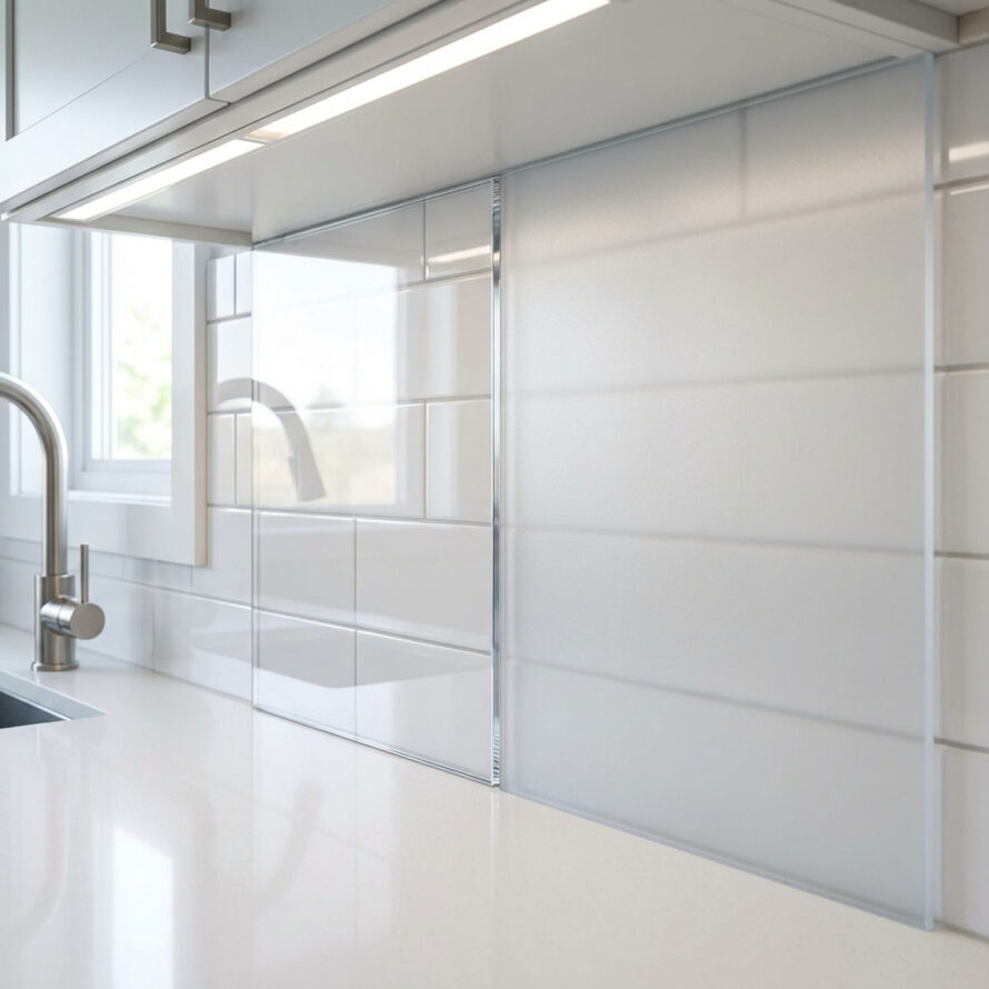 Vergelijking van keukenachterwand: links transparant plexiglas met hoogglans, rechts matgrijs polycarbonaat.