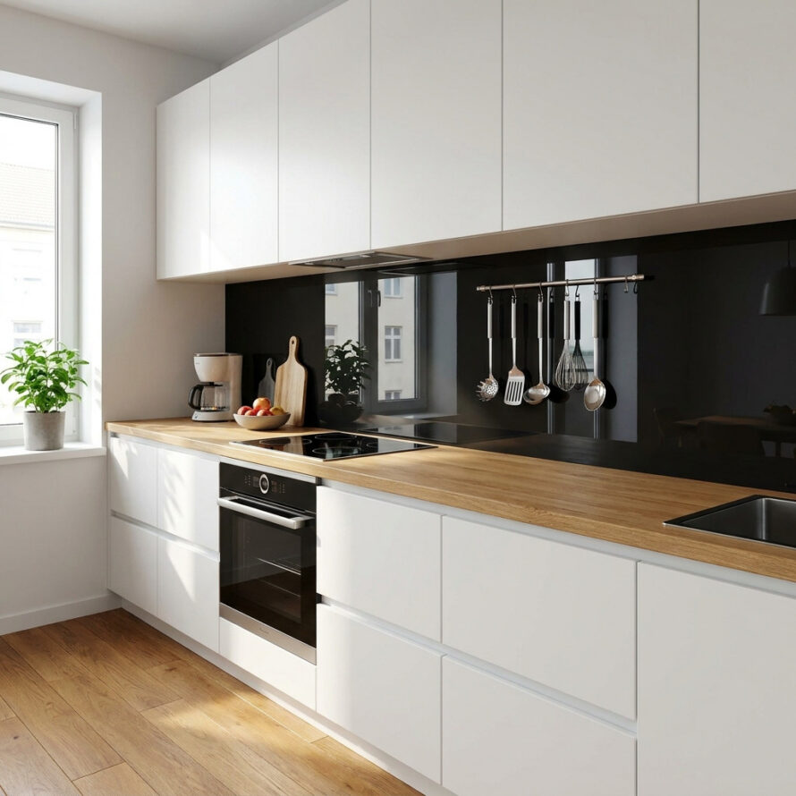 Strakke zwart-witte keuken met hoogglans zwarte plexiglas achterwand als stijlvolle spatwand.