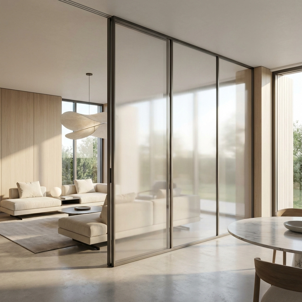 Moderne scheidingswand van opaal massief polycarbonaat in een licht interieur, met slank aluminium frame en zachte lichtdoorlatendheid tussen woonkamer en eetruimte.