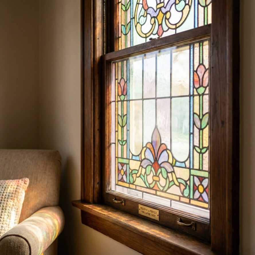 Glas-in-lood raam met transparant plexiglas voorzetraam aan de binnenzijde in klassiek interieur