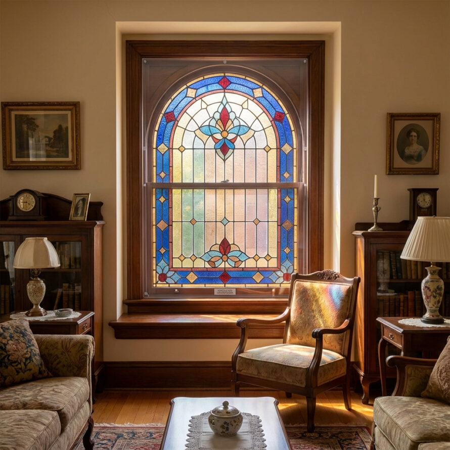 Isolatie van glas-in-lood raam met plexiglas voorzetraam, visualisatie van warmte binnen en kou buiten