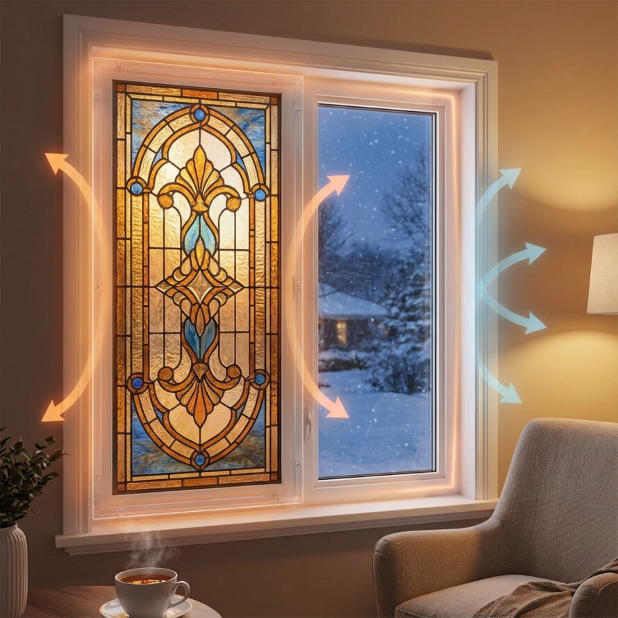 Detail van glas-in-lood raam met helder kunststof voorzetraam in houten kozijn