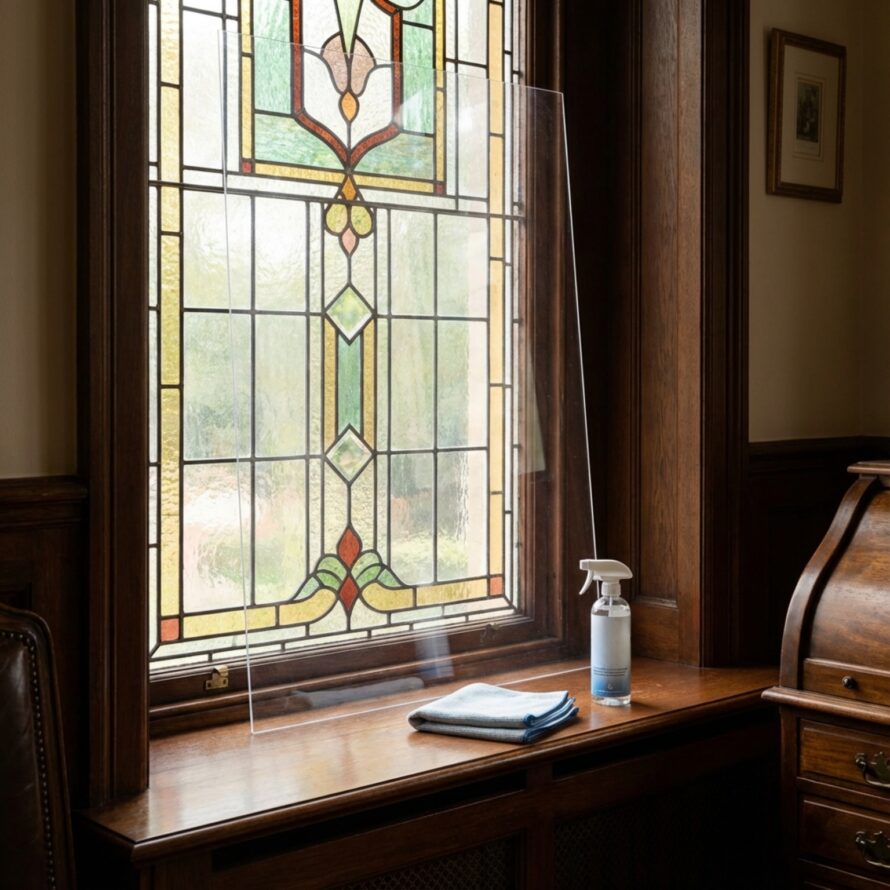 Schoonmaken van plexiglas voorzetraam voor glas-in-lood raam