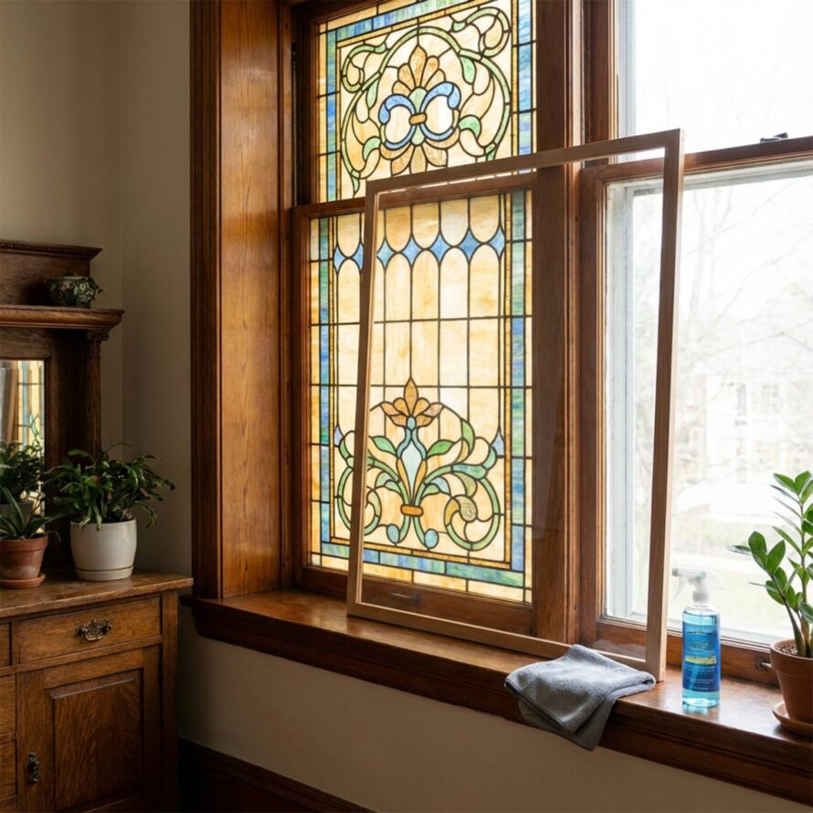 Reinigen van plexiglas voorzetraam bij glas-in-lood met microvezeldoek