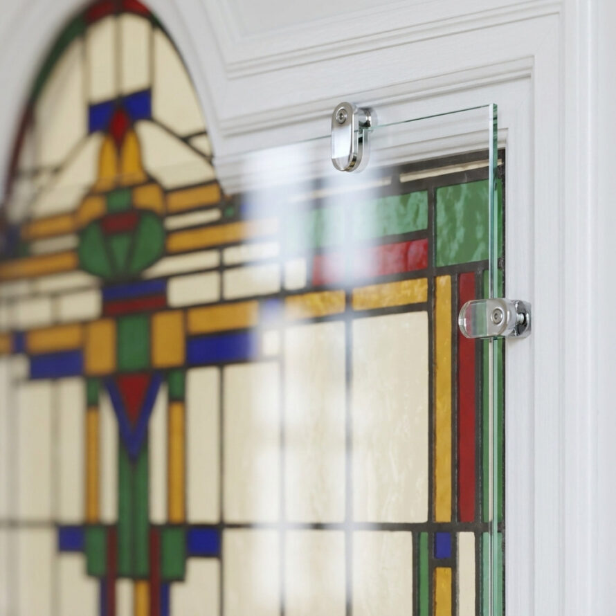 Close-up van glas-in-loodraam met onzichtbaar voorzetglas en discrete bevestigingsclip.
