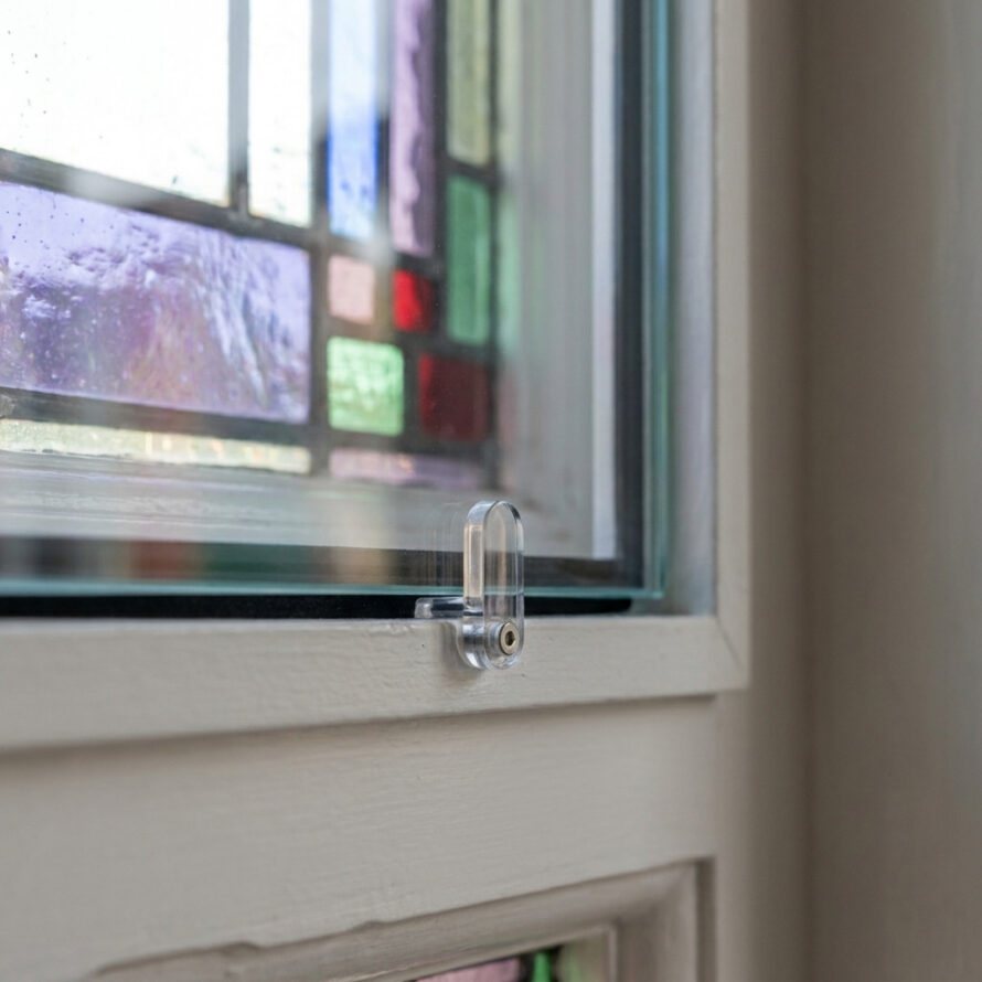 Detail van een transparant voorzetraam met metalen draaiclip voor een glas-in-loodraam.