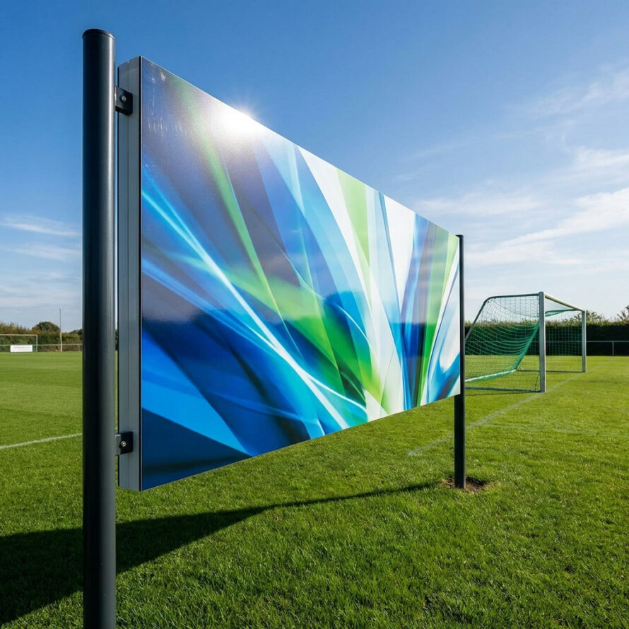HPL reclamebord langs een voetbalveld met sportafbeelding, gemonteerd op metalen palen