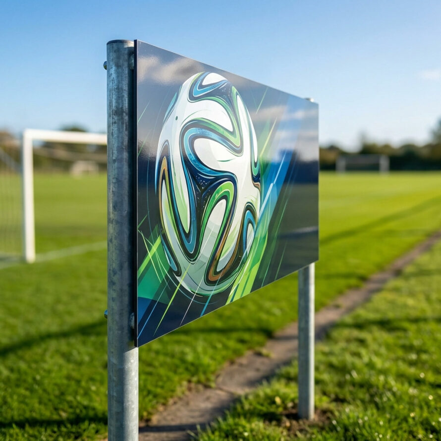 Langgerekt HPL reclamebord langs een sportveld, stevig gemonteerd en volledig weerbestendig