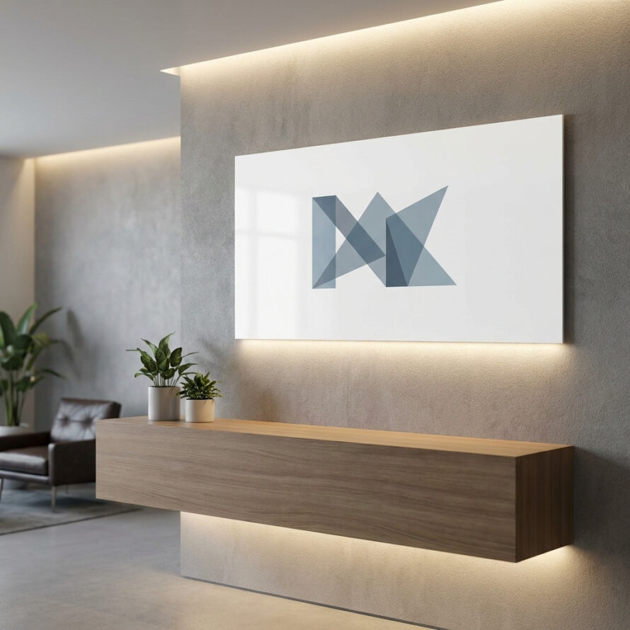 HPL reclamebord als wanddecoratie in een modern kantoorinterieur met minimalistisch design