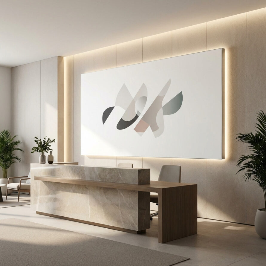 HPL reclamebord met logo achter een moderne receptiebalie in een strak en licht interieur