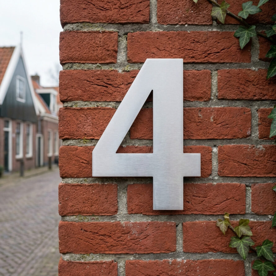Zwart kunststof huisnummer 4 gemonteerd op een bakstenen muur bij de voordeur