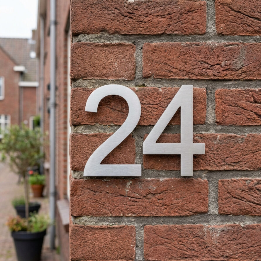 Zilver huisnummer 24 bevestigd op een bakstenen gevel in een Nederlandse straat