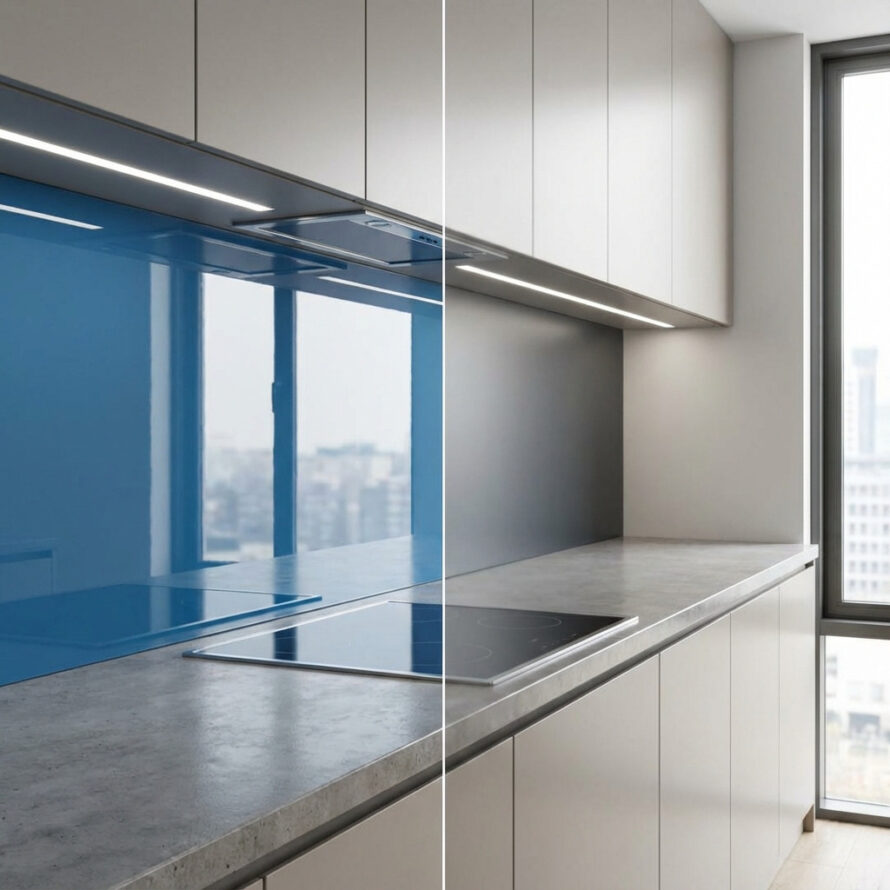 Moderne keuken met blauwe hoogglans plexiglas achterwand tegenover een matte grijze kunststof wand.