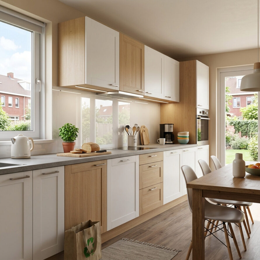 Houten keuken met witte bovenkasten en naadloze plexiglas achterwand voor een moderne uitstraling.