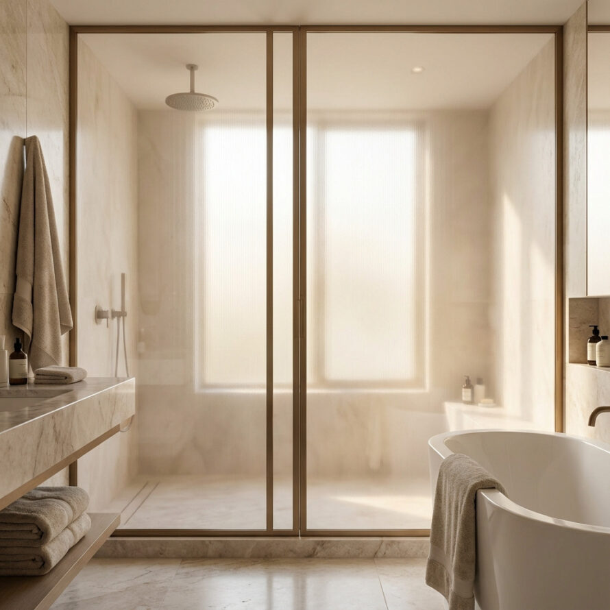 Luxe badkamer met inloopdouche, opalen glazen scheidingswand, vrijstaand bad en groot raam met diffuus daglicht.