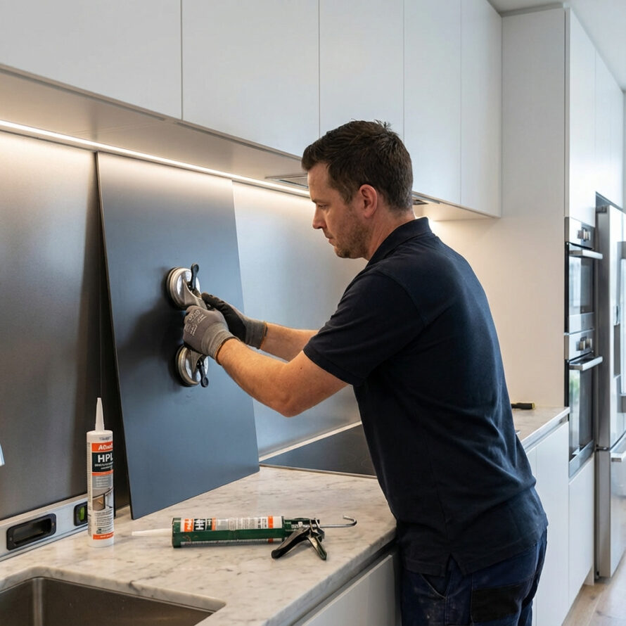 Installatie van een witte HPL achterwand in de keuken.