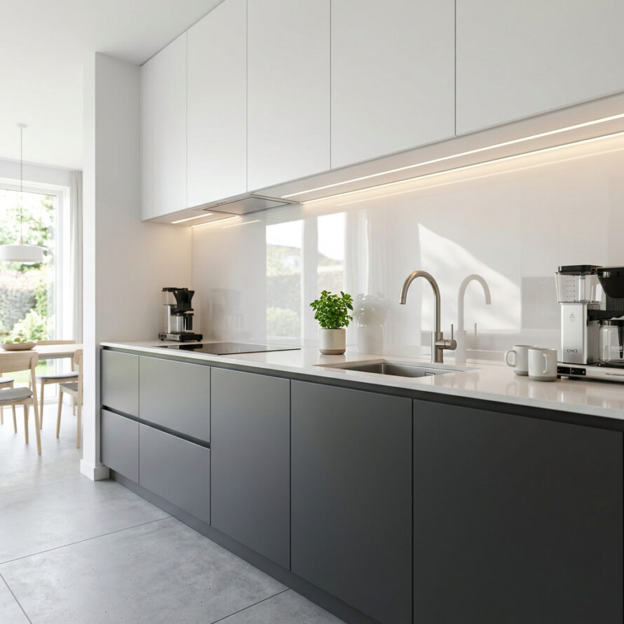 Lichte keuken met antracietgrijze kastjes en hoogglans plexiglas achterwand met geïntegreerde LED-verlichting.