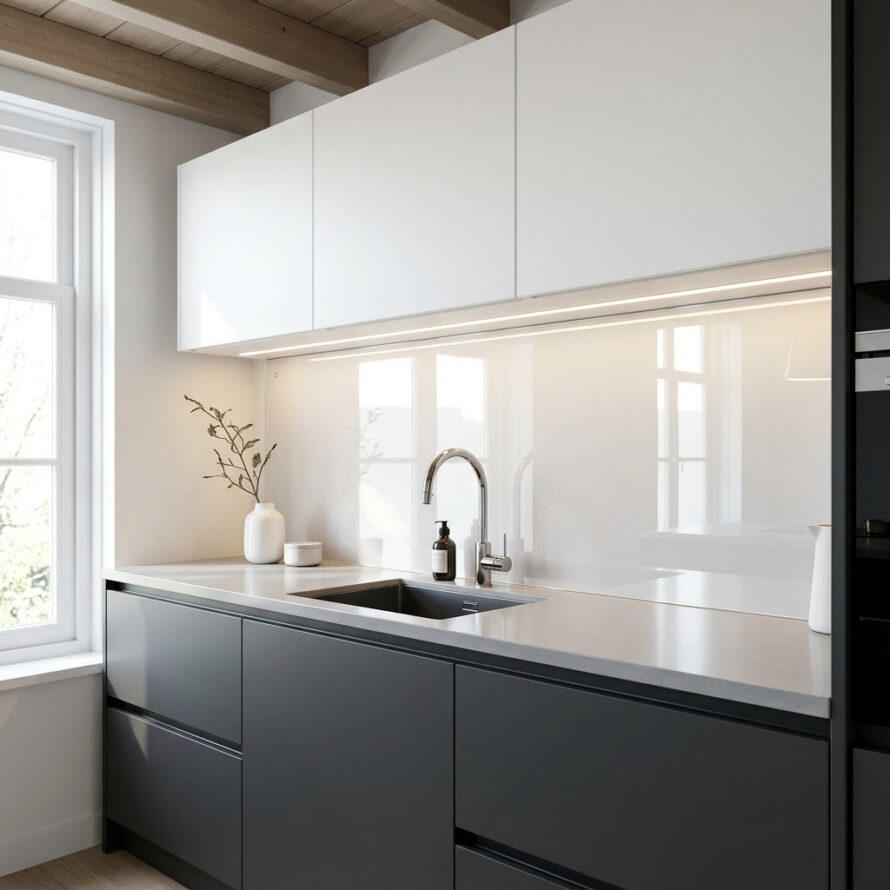 Moderne keuken met zwarte onderkasten en glanzende witte plexiglas achterwand boven het werkblad.