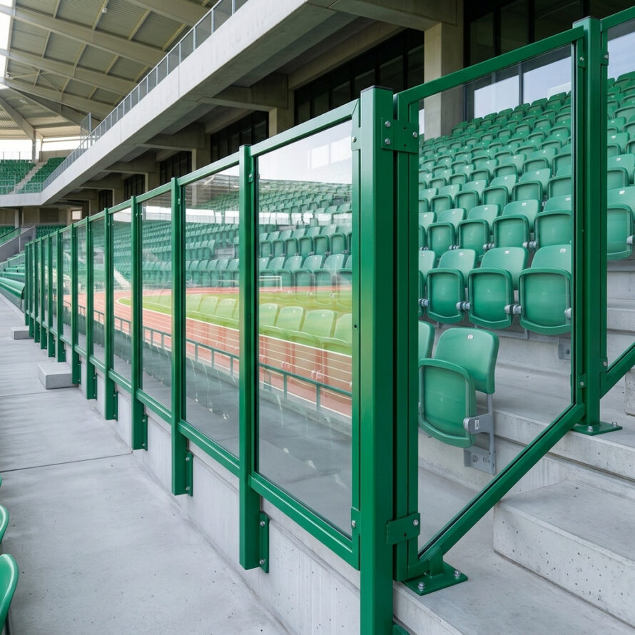 Doorlopende transparante polycarbonaat stadionwand met groene stalen frames langs een tribune met kunststof zitplaatsen.