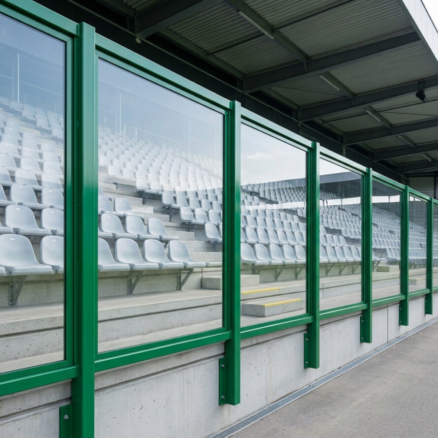 Heldere polycarbonaat veiligheidsschermen op een voetbaltribune voor supportersafscheiding en bescherming van toeschouwers.
