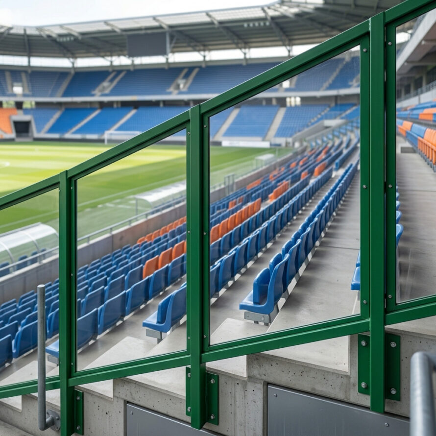 Slagvaste polycarbonaat stadionafscheiding in groen gepoedercoat staal, geplaatst tussen tribune en speelveld.