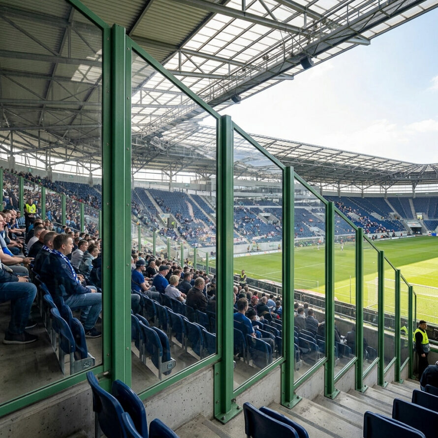 Transparante polycarbonaat veiligheidswand langs een voetbaltribune met groene stalen draagconstructie en zicht op het speelveld.